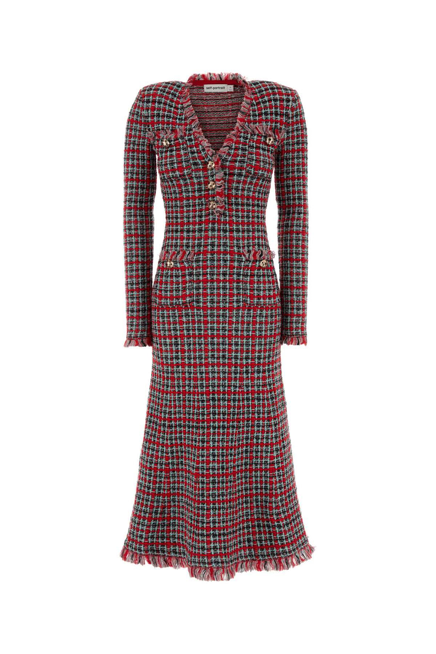 Red Check Frayed Knit Midi Dress Wool Abiti