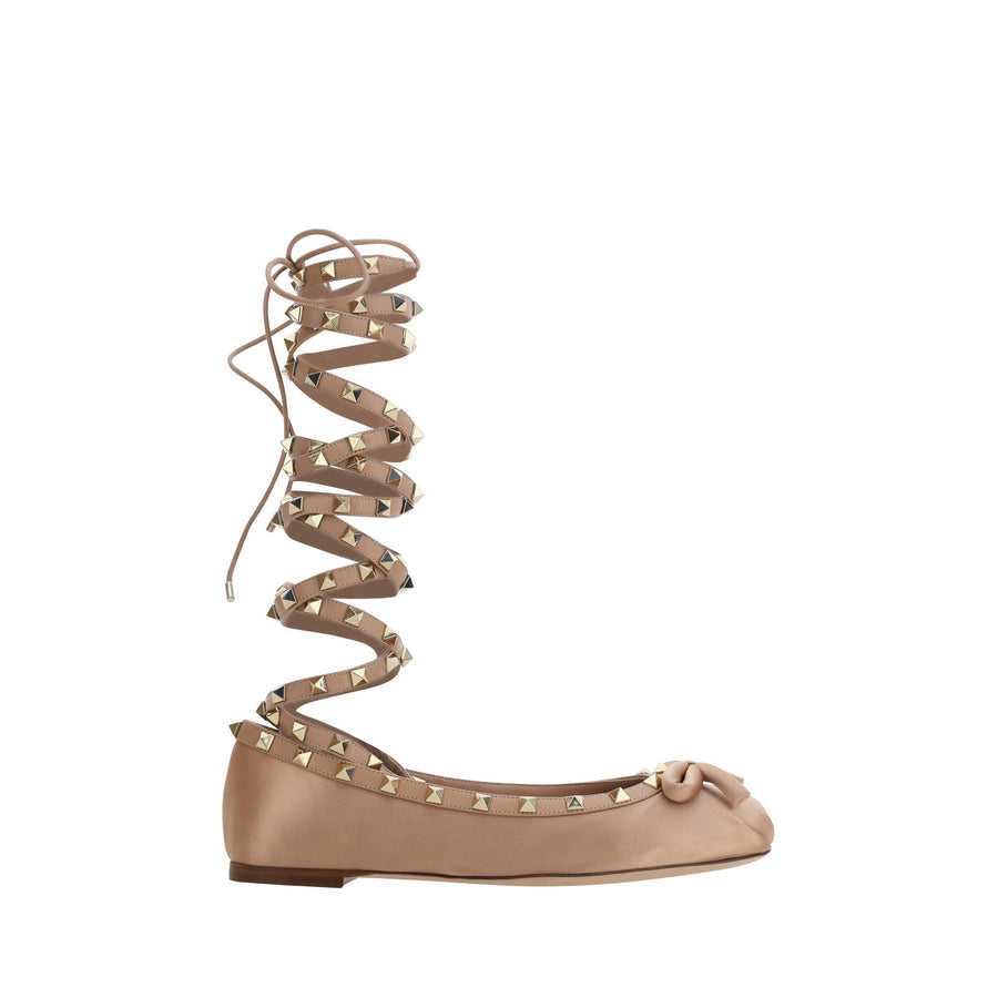 Valentino Garavani Calf leather with satin finish; gold-tone pyramid stud embellishment ballerina flat in brown