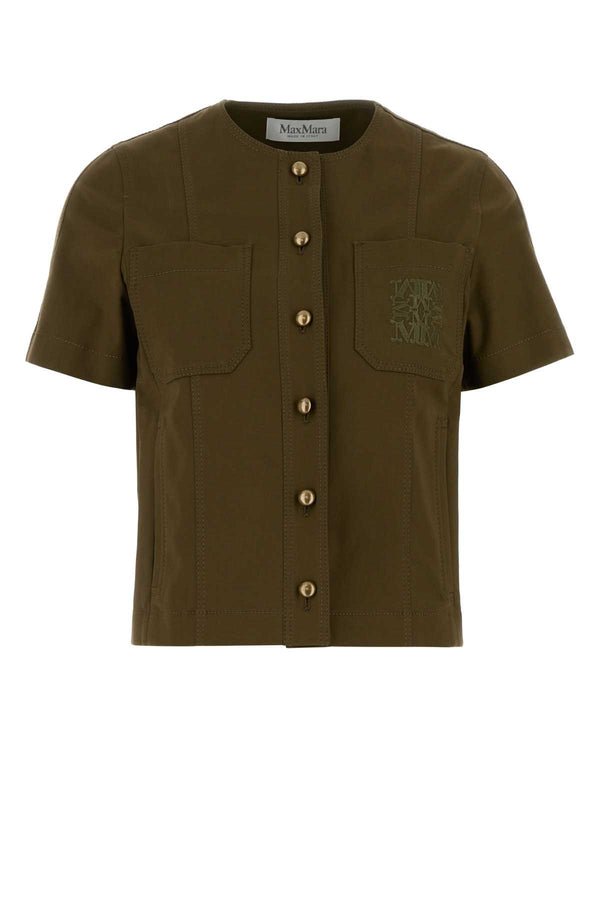 Olive Green Stretch Cotton Zanzara Blouse Kaki Scuro Exterior: Elastane Giacche E Gilet