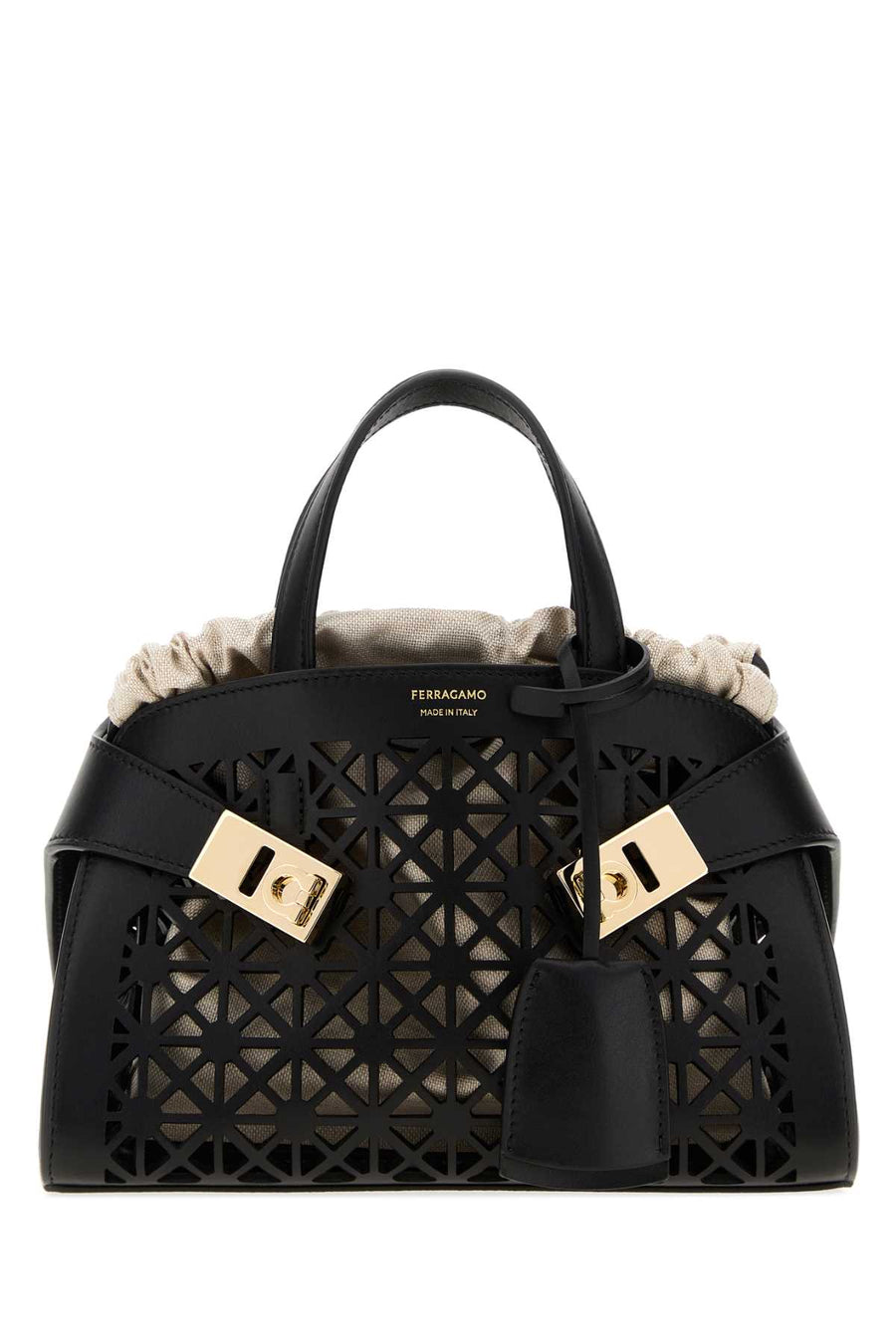Ferragamo Exterior: 100% Calf Leather; Lining: 100% Fabric; Finishing: Golden metal top handle bag in black