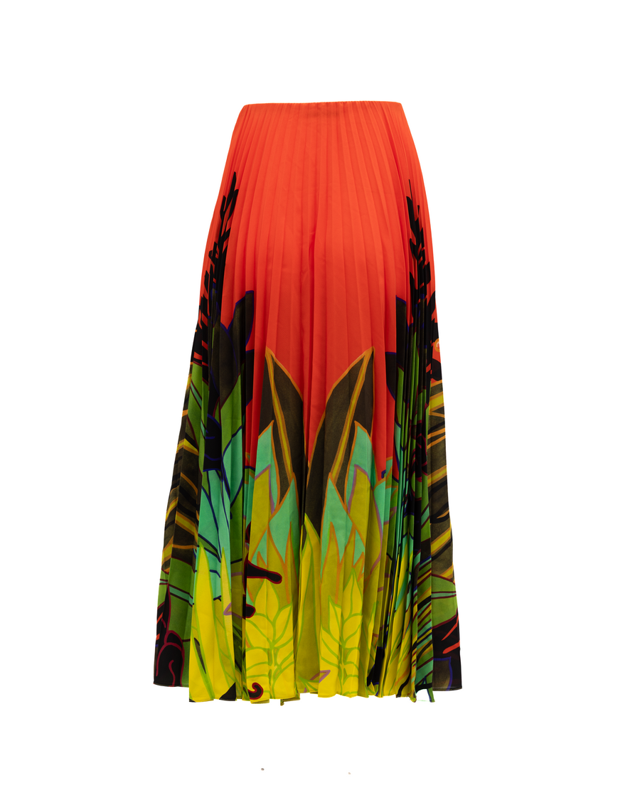 Orange Pleated Floral Skirt