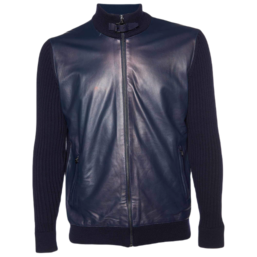 Ferragamo Leather and wool knit jacket in navy