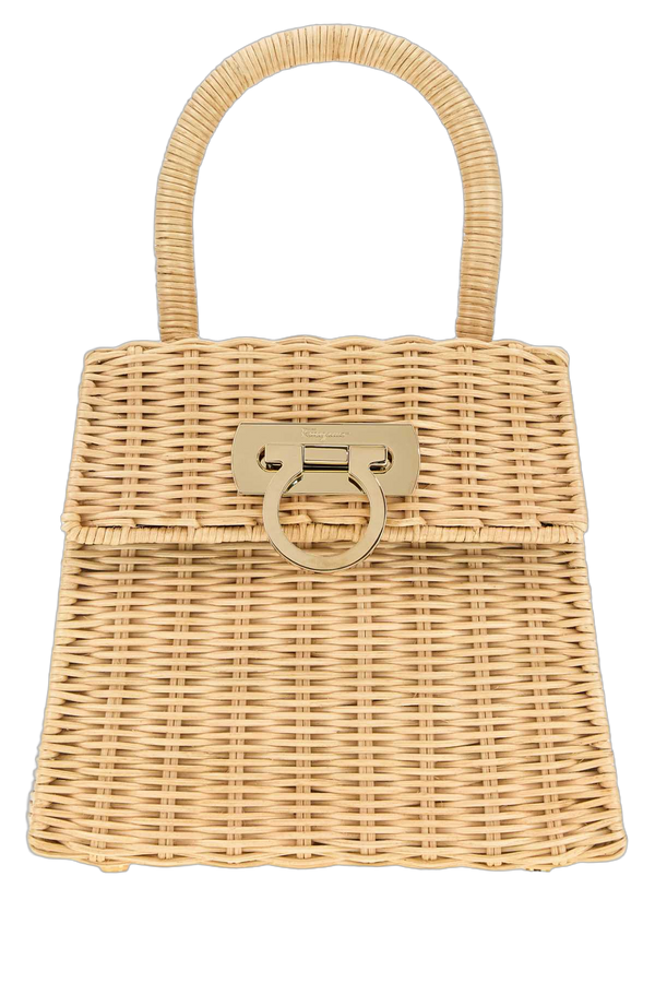 Ferragamo Handle Exterior: 100% Raffia; Lining: 100% Fabric; Finishing: Golden metal top handle bag in beige