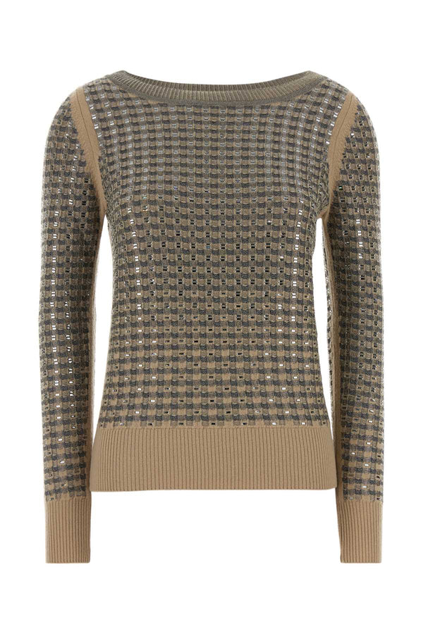 Embroidered Wool Blend Sweater Beigenero Maglie