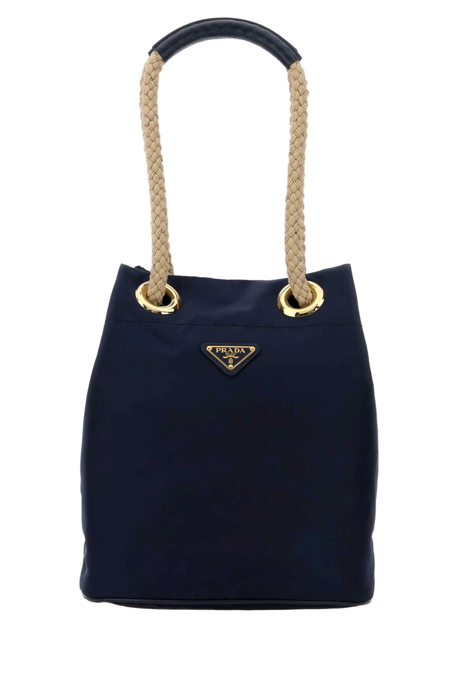 Prada Exterior: 100% Fabric; Interior: 100% Fabric; Finishing: Golden metal bucket bag in navy