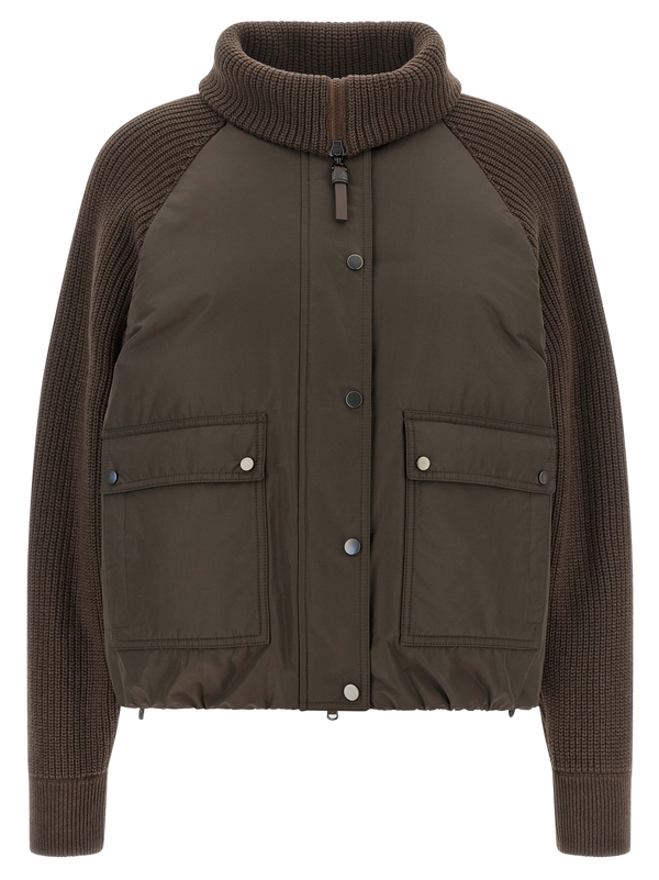 Brunello Cucinelli Compact cotton canvas with technical fabric and ribbed knit jacket in brown