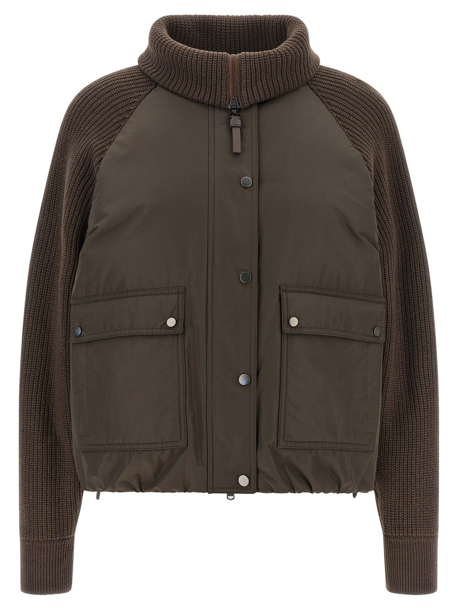 Brunello Cucinelli Compact cotton canvas with technical fabric and ribbed knit jacket in brown