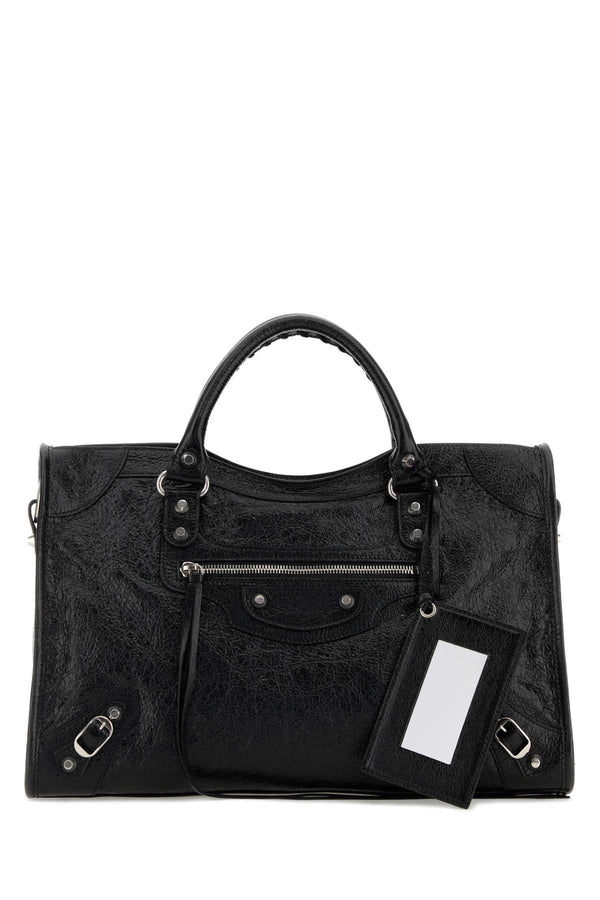 Balenciaga City Exterior: 100% Lamb; Lining: 100% Cotton; Finishing: Silver metal shoulder bag in black