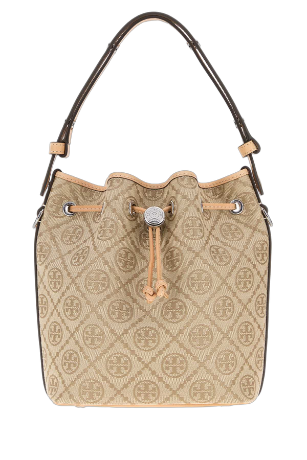 Tory Burch Monogram Exterior: 100% Fabric bucket bag in beige