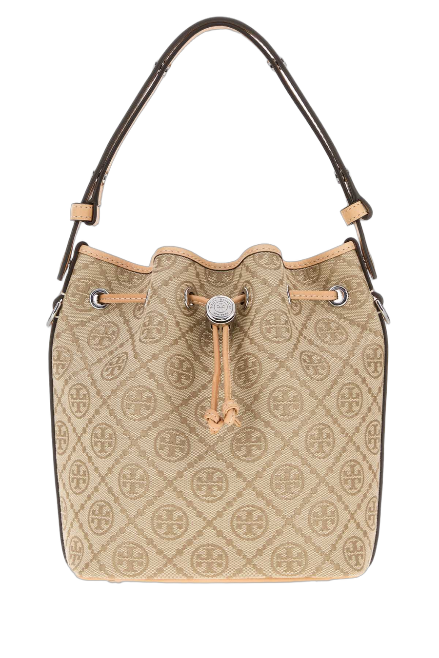 Tory Burch Monogram Exterior: 100% Fabric bucket bag in beige