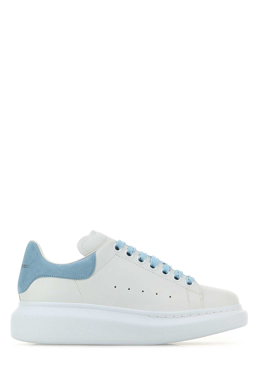 White Leather Sneakers With Pastel Light Blue Suede Heel Whitepowderblue