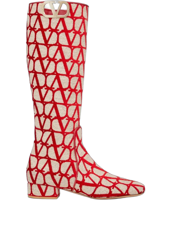 Valentino Garavani Linen with jacquard print boot in beige