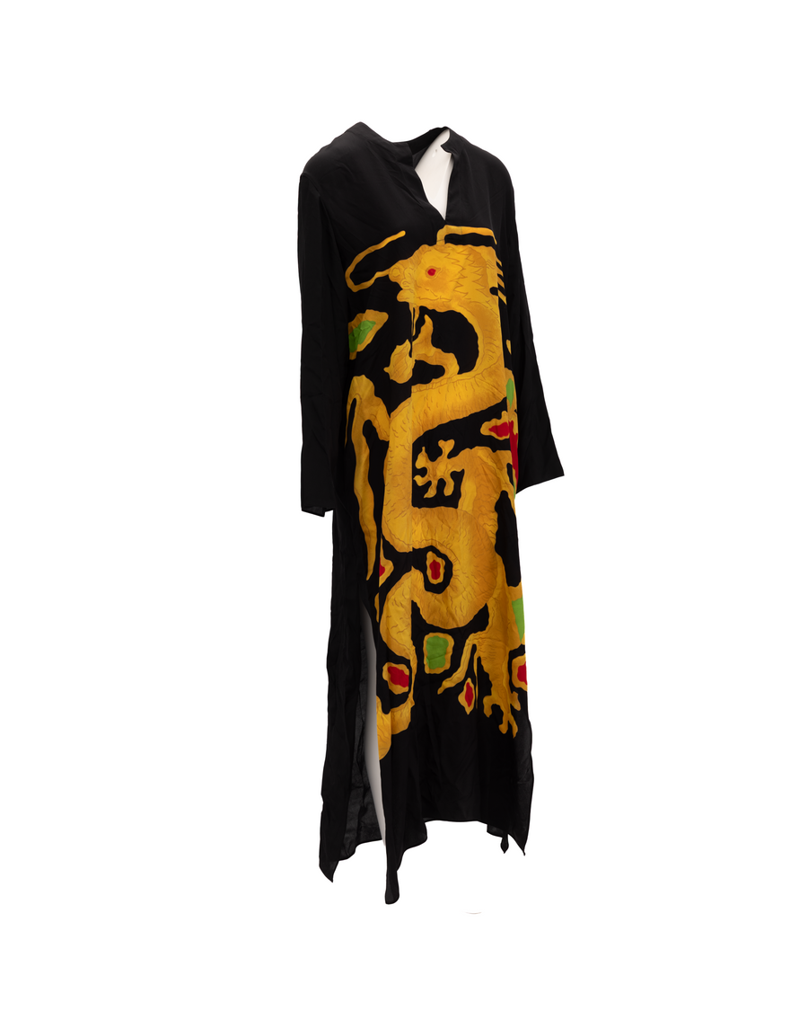 Dragon Embroidery Gown Dress Black And Yellow