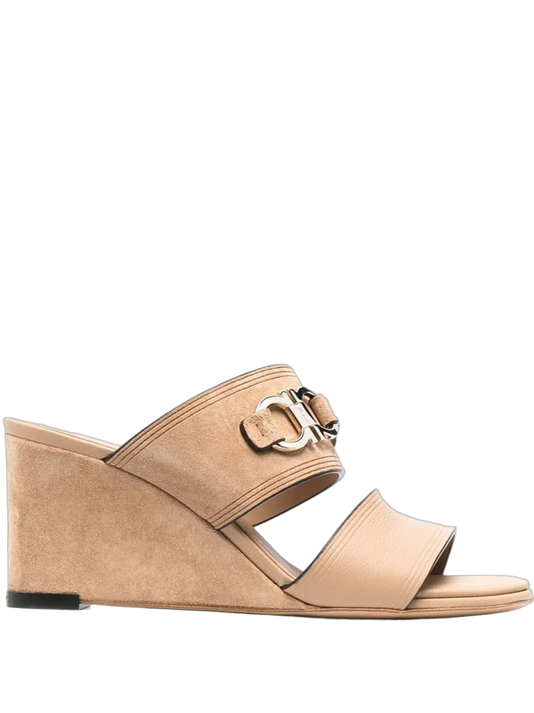 Ferragamo Suede and calf leather wedge mule in beige