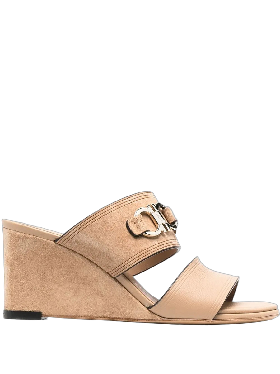 Ferragamo Suede and calf leather wedge mule in beige