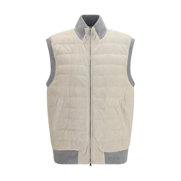 Beige Calf Leather Bos Taurus Sleeveless Jacket Clothing