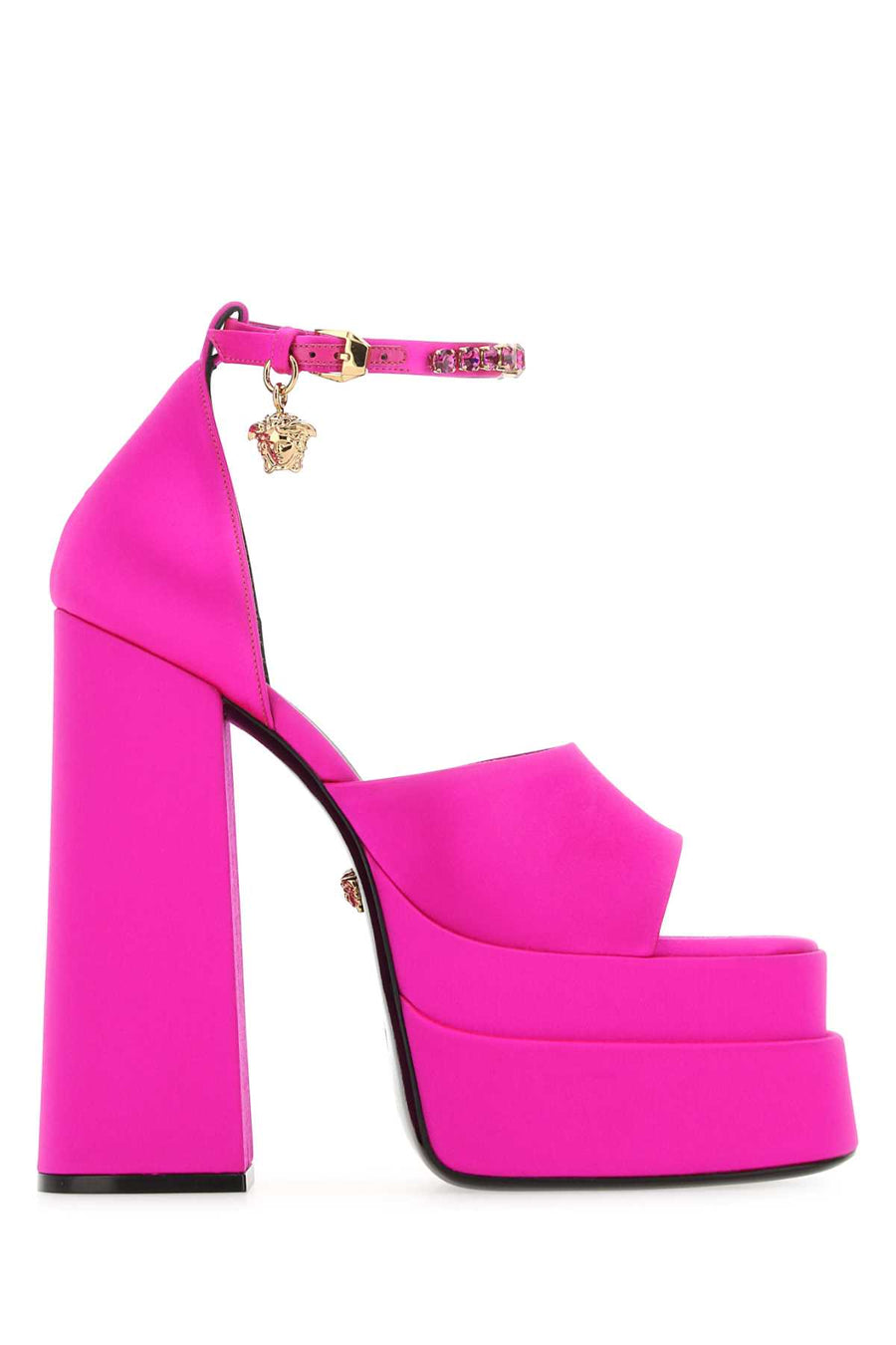 Versace Exterior: 72% Viscose 28% Silk; Interior: 100% Goat; Sole: Leather heel sandal in pink