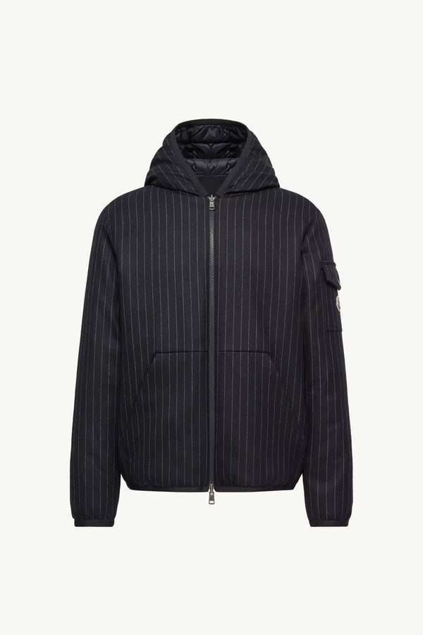 Moncler جاكيت مبطن بالريش مخطط دقيق — كحلي