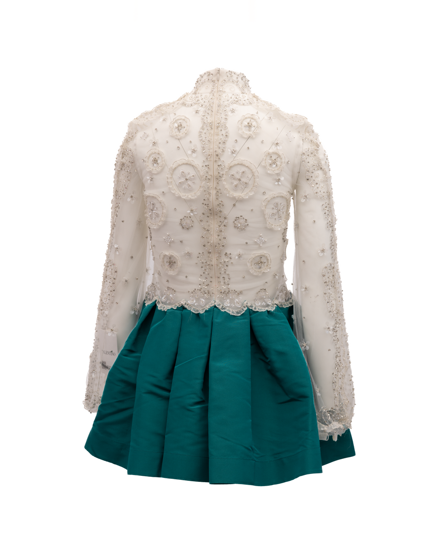 White Beaded Lace Mini Dress With Teal Skirt