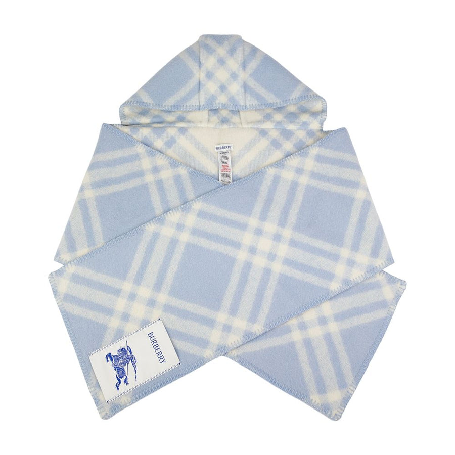 Mu Tbar Check Hooded Scarf - Burberry Wool Blue Accessories /