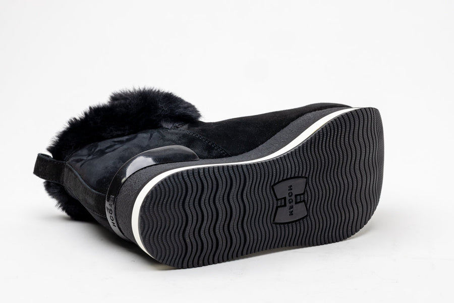 Hogan Black suede with faux fur trim boot in black