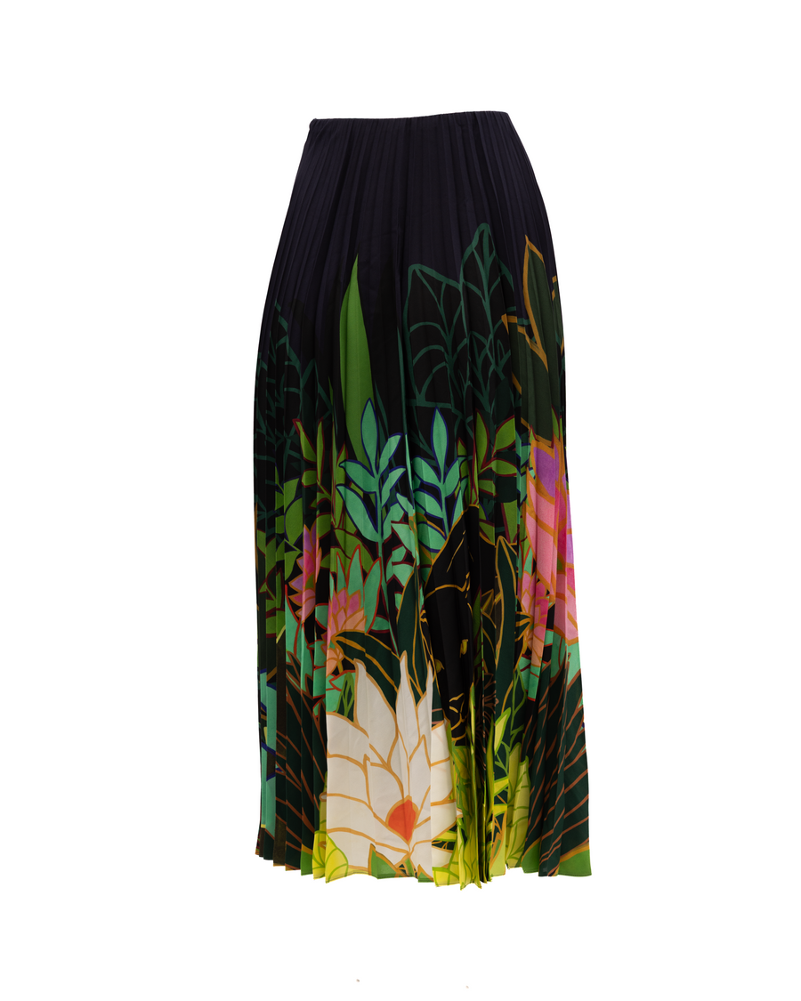 Pleated Floral Maxi Skirt Black