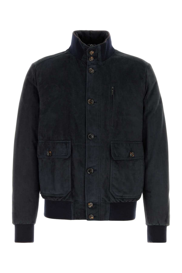 Navy Blue Suede Adelsio Down Jacket Blu Giubbini
