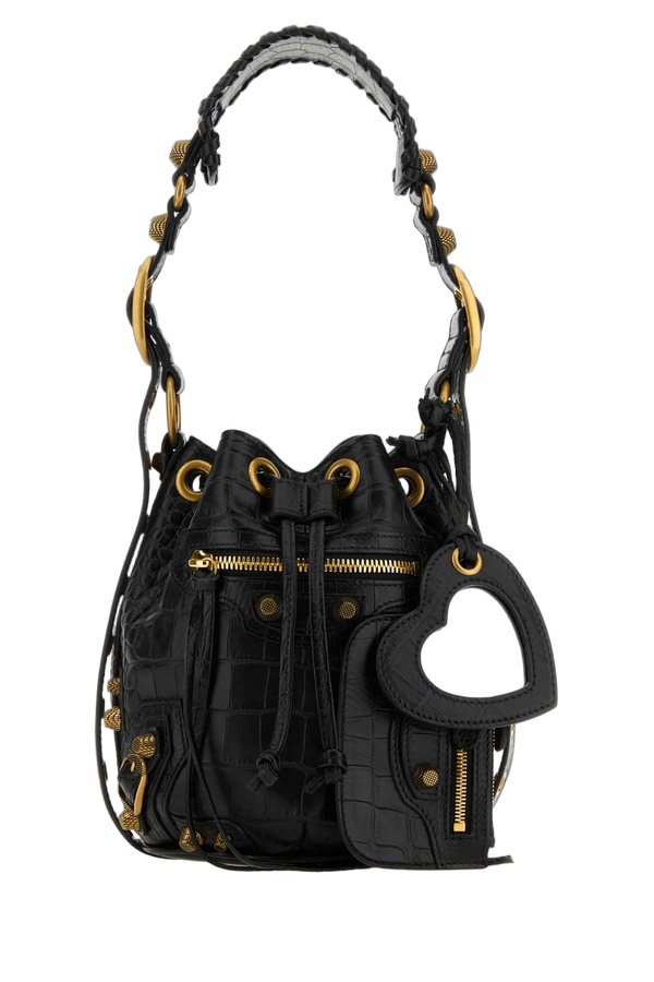 Balenciaga Exterior: 100% Calf Lining: 100% Cotton Finishing: Antiqued golden metal bucket bag in black
