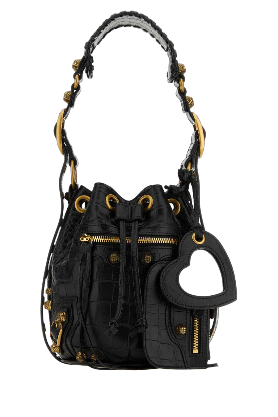 Balenciaga Exterior: 100% Calf Lining: 100% Cotton Finishing: Antiqued golden metal bucket bag in black
