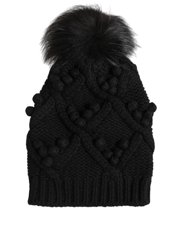 Dolce & Gabbana HAT10009 100% Cashmere with fur pom-pom beanie in black