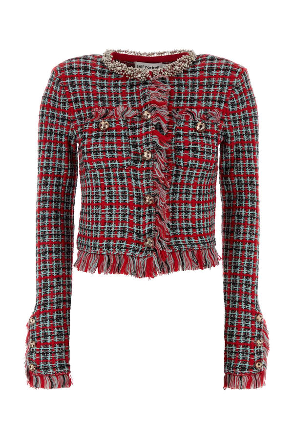 Red Check Frayed Knit Jacket Mixed Fibres Giacche E Gilet