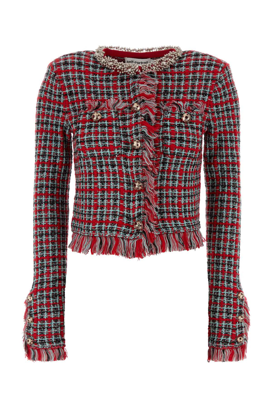 Red Check Frayed Knit Jacket Mixed Fibres Giacche E Gilet
