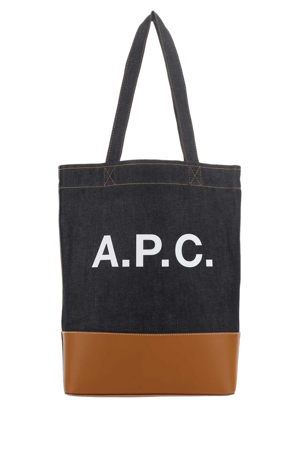 A.P.C. Exterior: 100% Fabric (denim) with leather base tote bag in navy