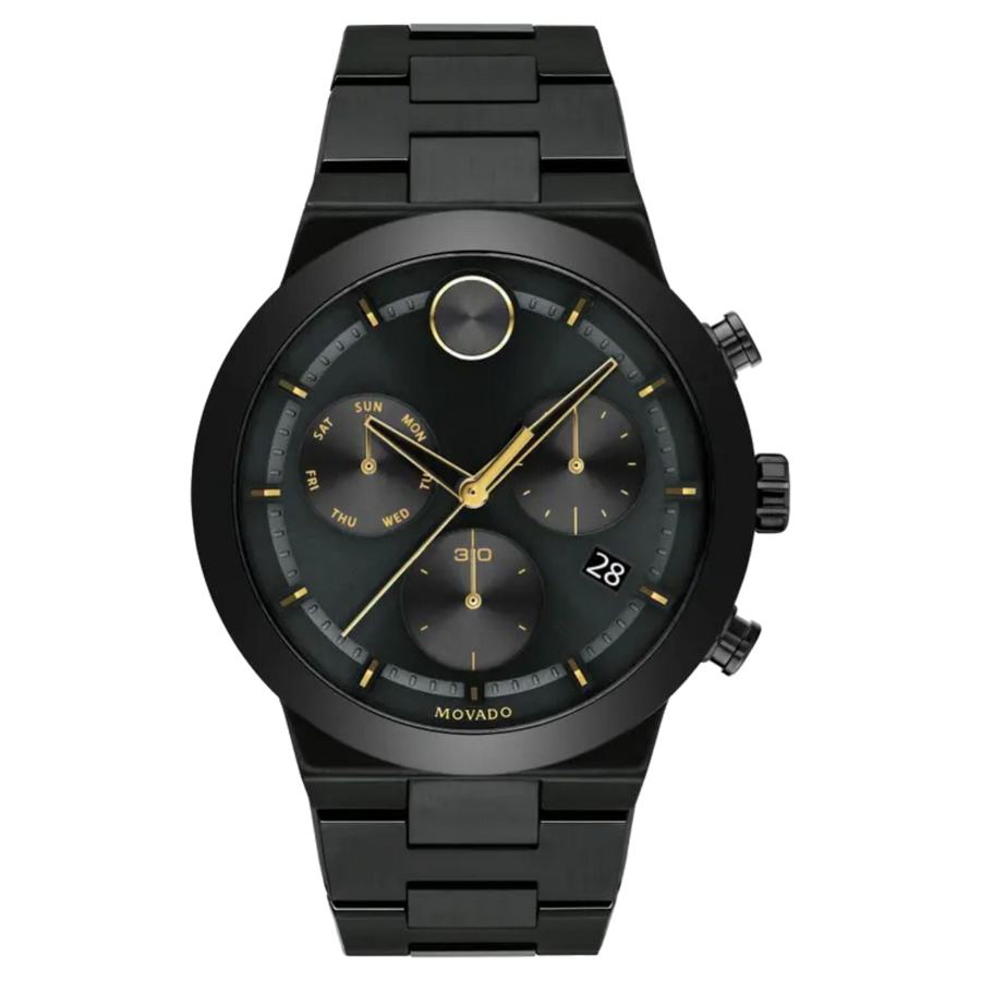 Movado Stainless steel case and bracelet; mineral crystal watch in black