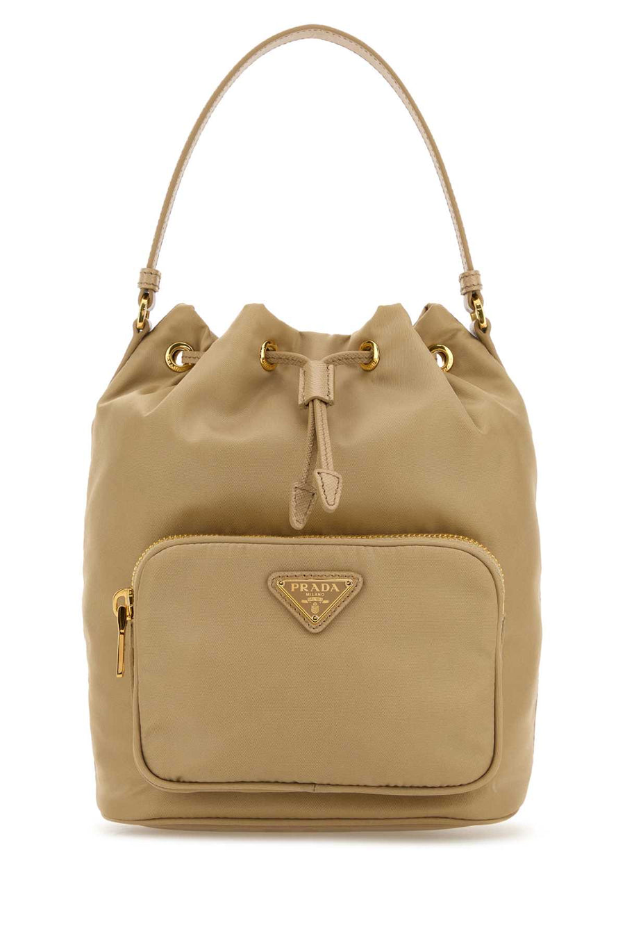 Prada Exterior: 100% Re-Nylon bucket bag in beige