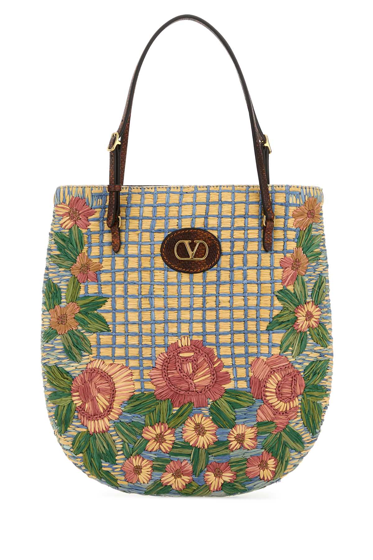 Embroidered Raffia Vlogo Signature Shoulder Bag Naturalemulticolorterra Cotton Borse A Mano