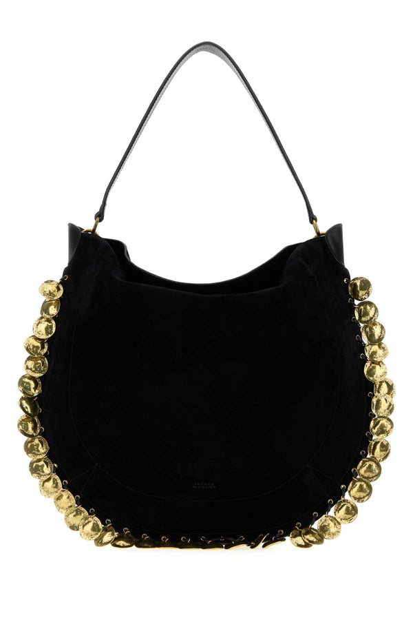 Isabel Marant Hobo Exterior: 100% Calf Suede; Lining: 100% Fabric; Finishing: Antiqued golden metal shoulder bag in black