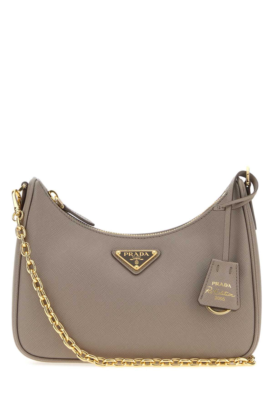 Prada Exterior: 100% Leather; Lining: 100% Fabric; Finishing: Golden metal shoulder bag in gray