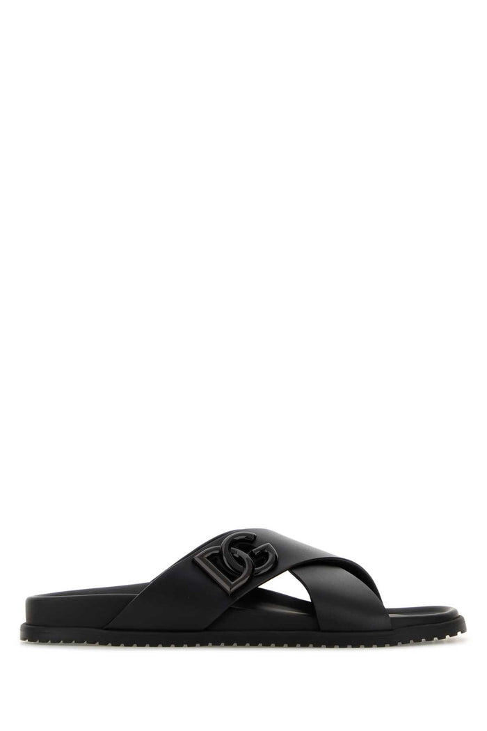 Black Leather Slippers Nero Vitello