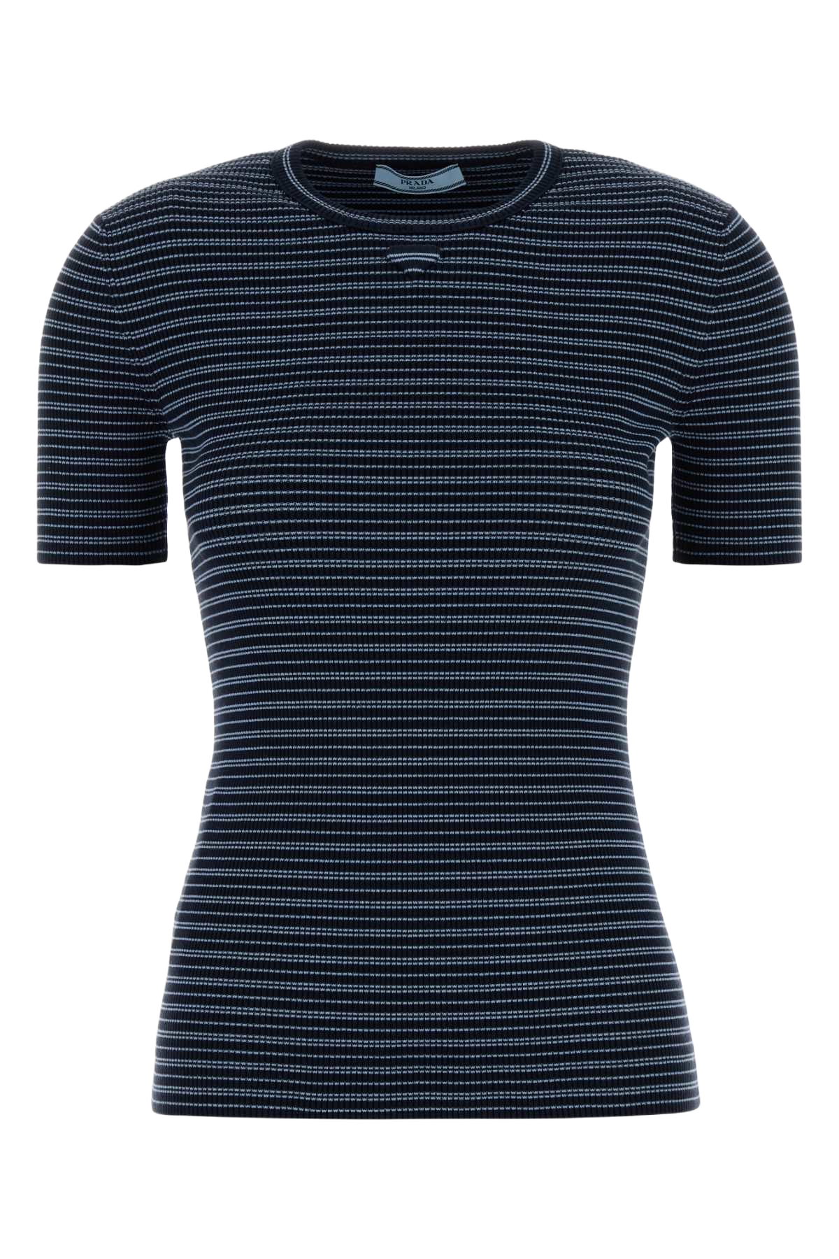 Embroidered Stretch Cotton Blend T-Shirt Navy+azzurro