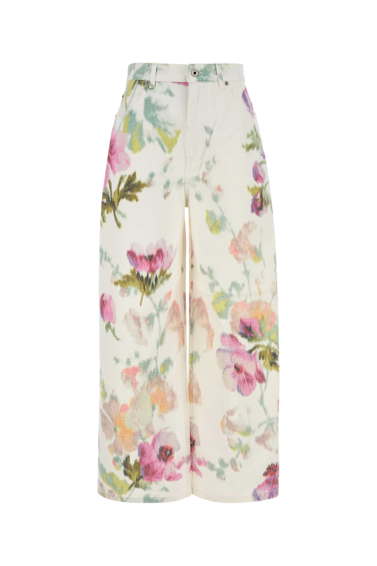 Printed Denim Wide-Leg Jeans Whitepink Exterior: Cotton