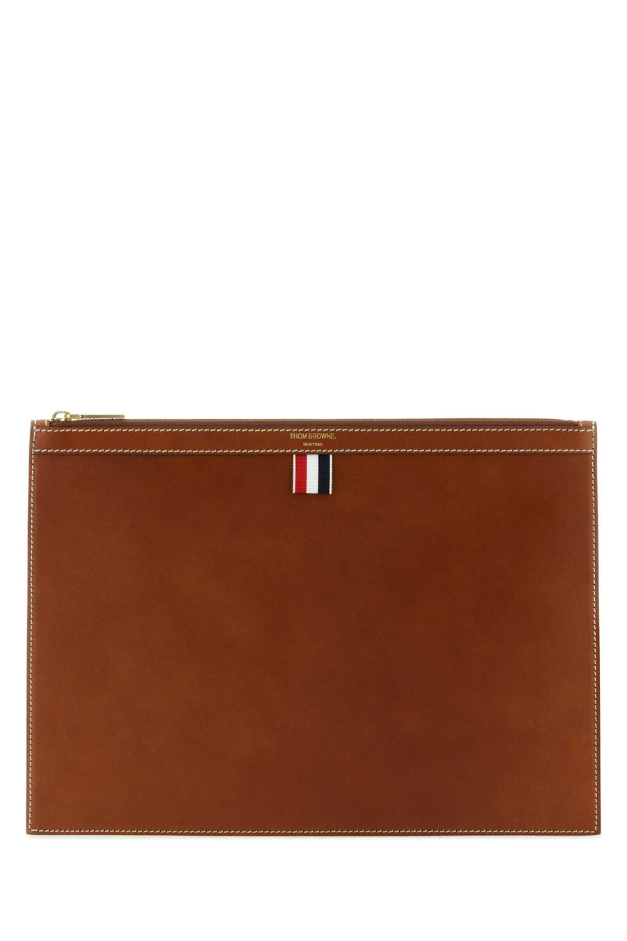 Thom Browne Exterior: 100% Leather; Lining: 100% Fabric; Finishing: Golden metal wallet in brown