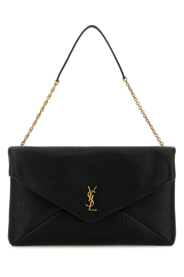Saint Laurent Envelope Exterior: 100% Lamb Lining: 100% Leather Finishing: Antiqued golden metal shoulder bag in black