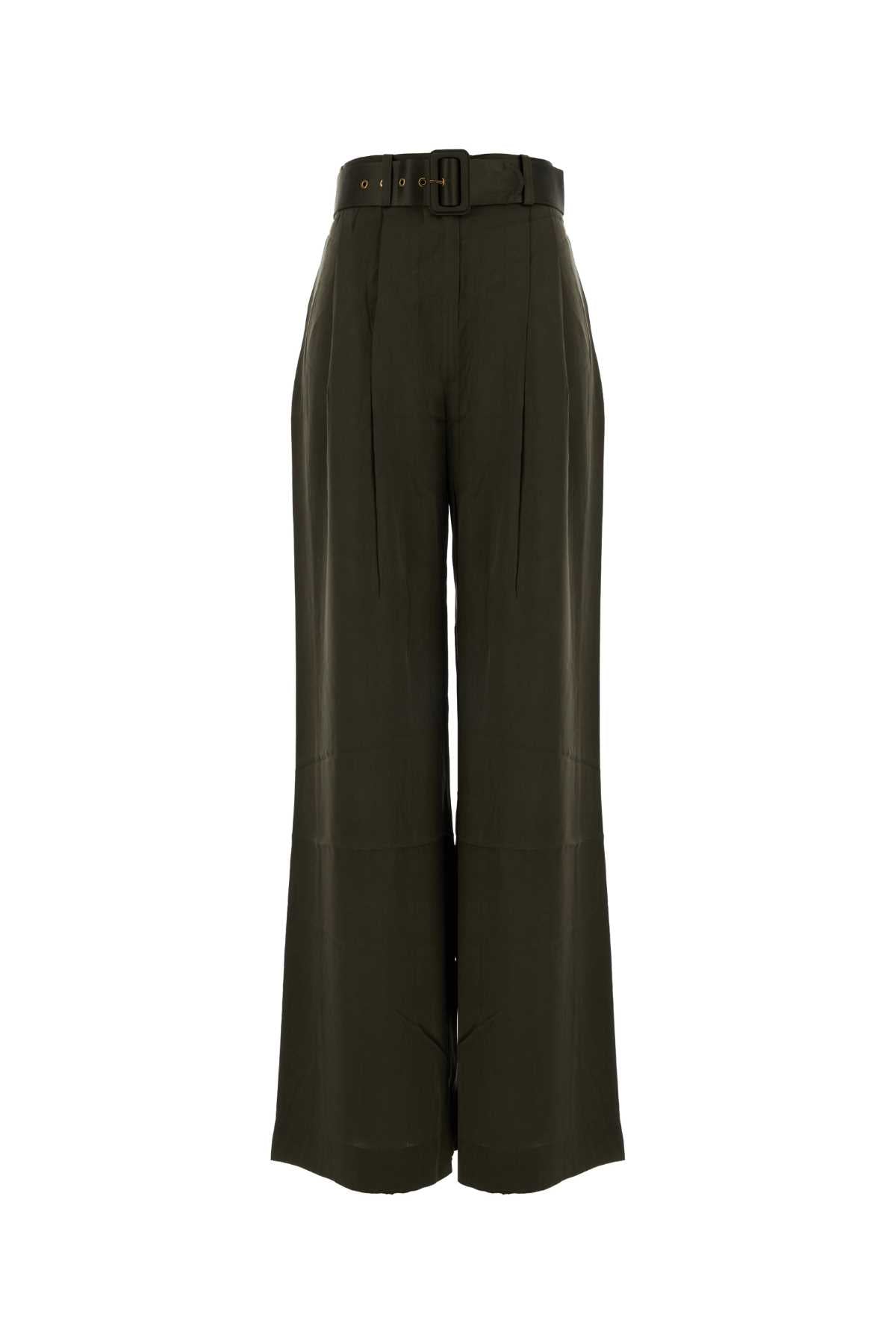 Olive Green Satin Wide-Leg Tuck Pant Darkolive Silk Pantaloni