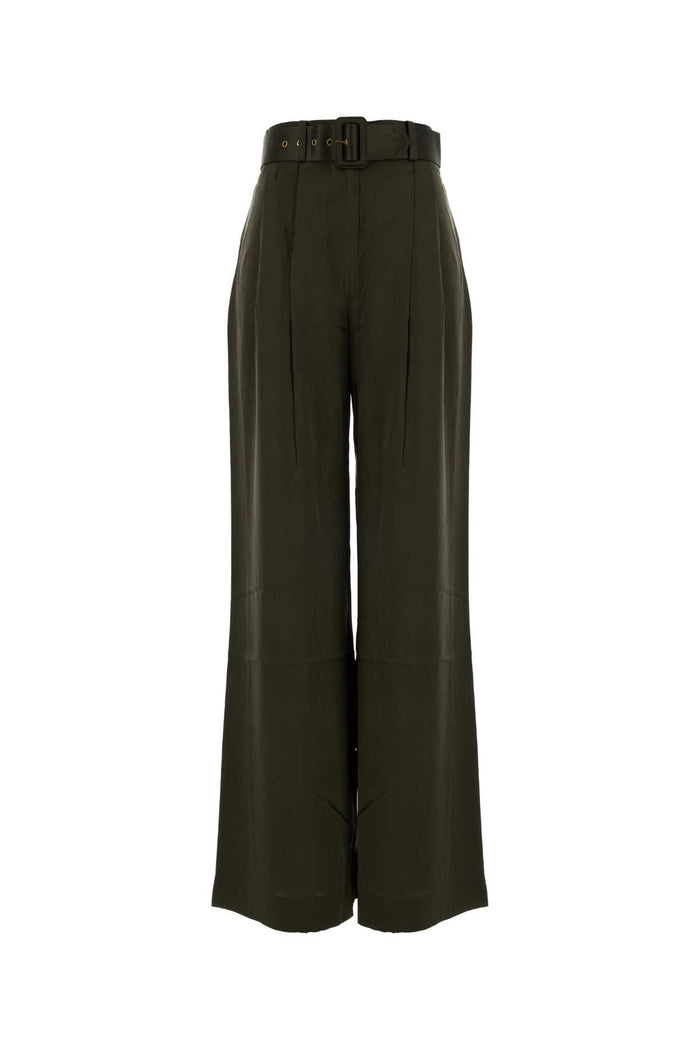 Olive Green Satin Wide-Leg Tuck Pant Darkolive Silk Pantaloni