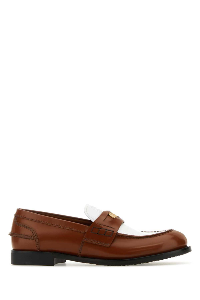 Two-Tone Leather Loafers Cognac+bianco Vitello Mocassini