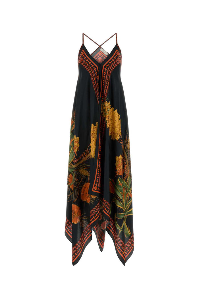 Printed Twill Dress Multiblackorange Exterior: Viscose Abiti