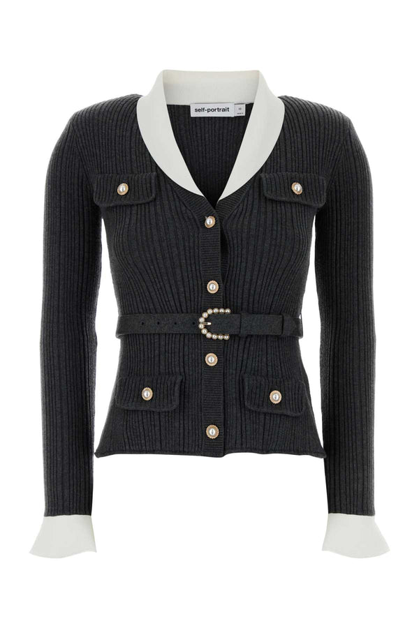 Self-Portrait Ribbed 41% Nylon cardigan in gray
