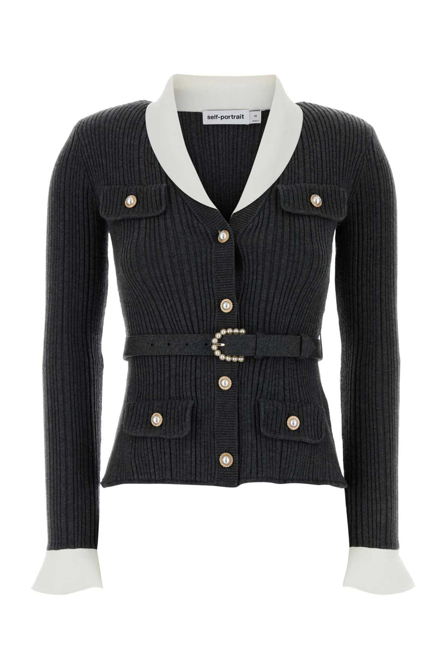 Self-Portrait Ribbed 41% Nylon cardigan in gray
