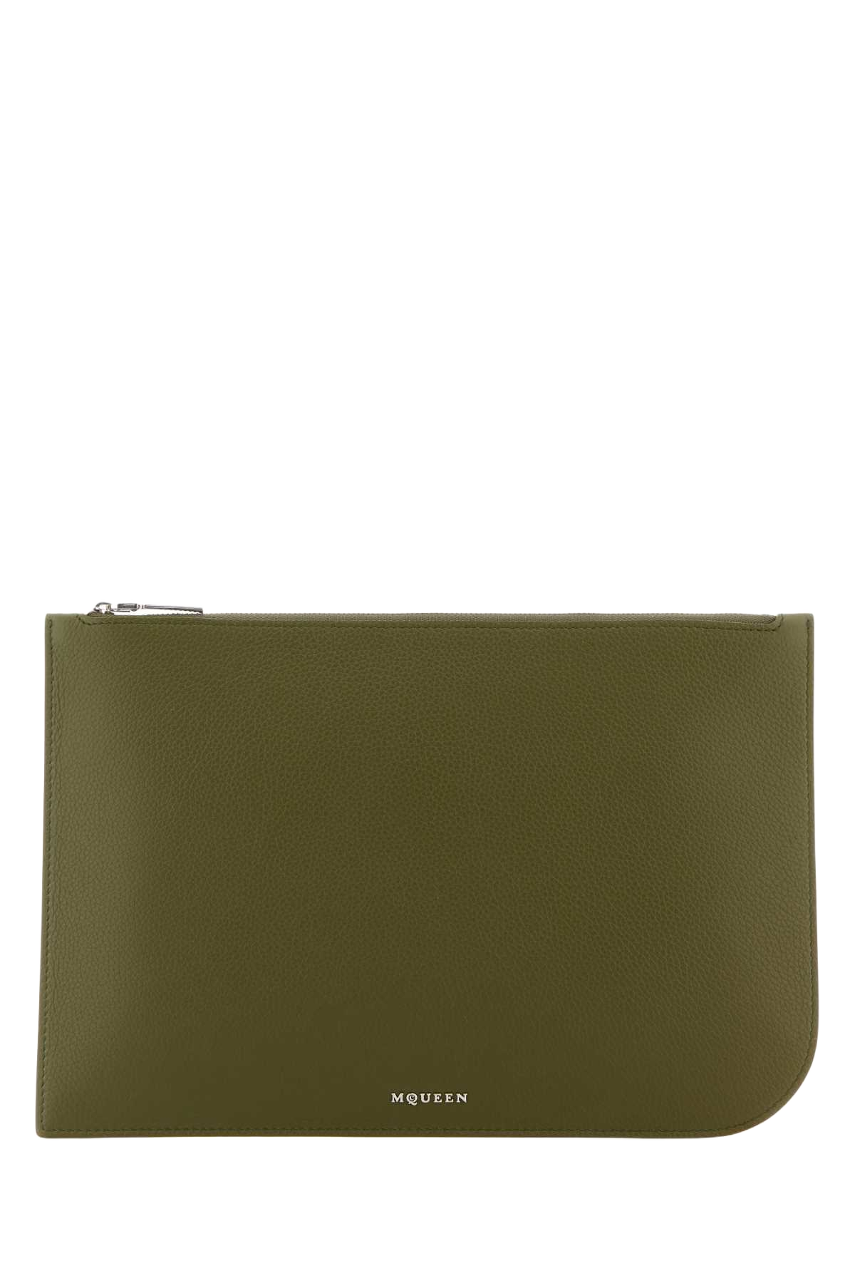 Olive Green Leather Large Sling Pouch Militarysilver Beauty Case